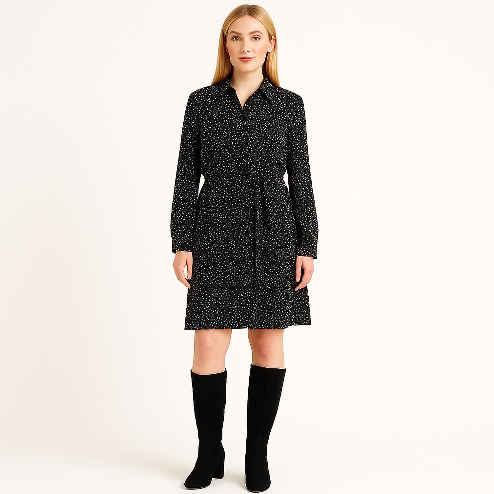NWT Reitmans Black & White Polka Dot Patterned Long Sleeve Button-Down Dress med
